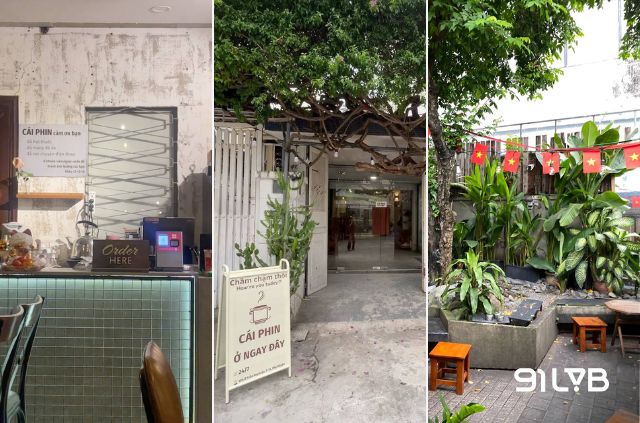 Không gian của CÁI PHIN được thiết kế đơn giản nhưng ấm cúng, với quầy pha chế mở và khu sân nhỏ bên ngoài