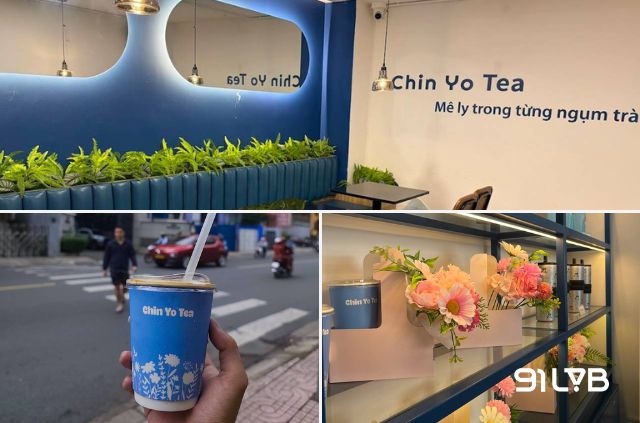 Không gian hiện đại với tông xanh - trắng đặc trưng khiến Chin Yo Tea Phổ Quang trở thành một điểm dừng chân dễ chịu cho những buổi trà chiều