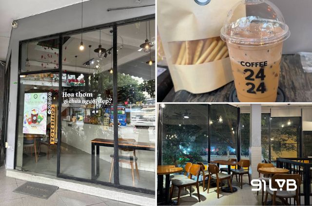 Không gian tối giản cùng ánh đèn ấm áp tại COFFEE 24/24 mang đến cảm giác dễ chịu cho những buổi trò chuyện, học tập hay làm việc kéo dài