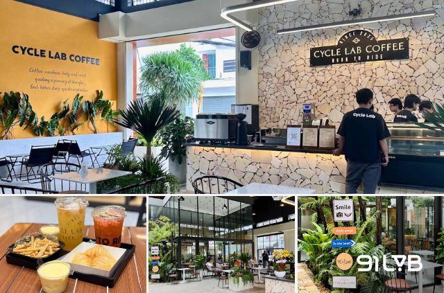 Một góc hiện đại của Cycle Lab Coffee với quầy bar đá độc đáo và không gian mở ngập cây xanh, tạo cảm giác thư giãn ngay từ khi vừa bước vào