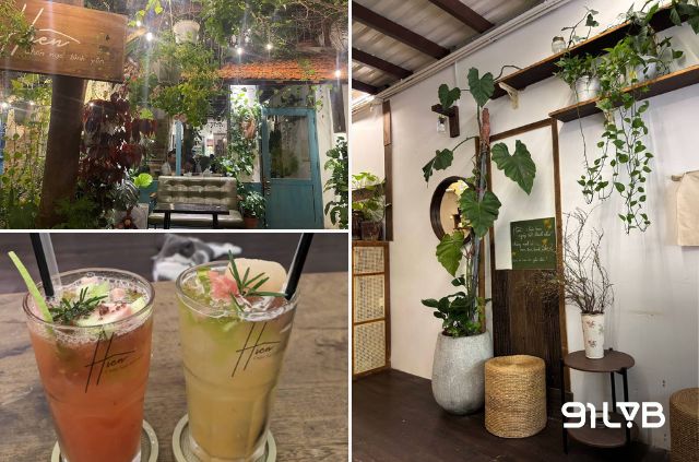 Không gian Hiên Coffee Quận 10 nhỏ xinh, nhiều cây và ánh đèn vàng ấm