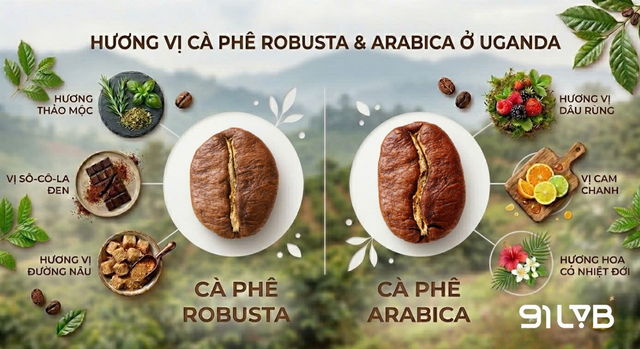 Hương vị cà phê Uganda phong phú với hai dòng hạt chính là Robusta (>80%) và Arabica