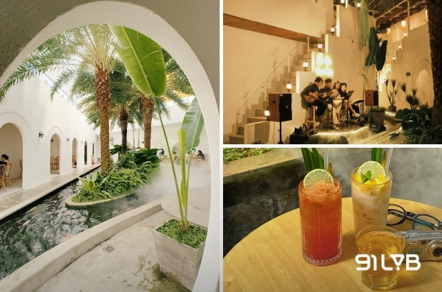 Dalaland Coffee mang đậm hơi thở kiến trúc Địa Trung Hải với điểm nhấn là hồ cá Koi và một “ốc đảo” nhỏ xinh giữa hồ.