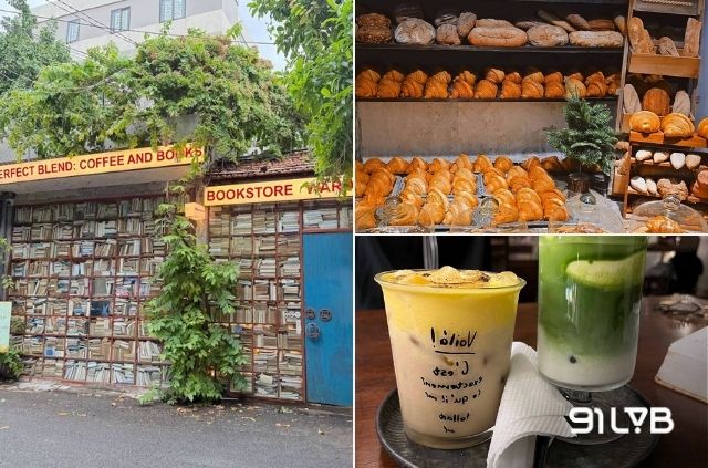 Ward Coffee Quận 10 thu hút bởi mặt tiền phủ sách độc đáo, bên trong là quầy bánh thơm và nhiều thức uống hấp dẫn