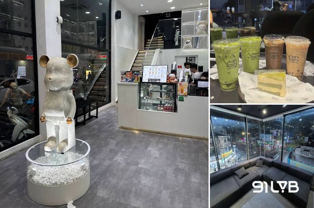 YoshiYoshi Coffee and Tea gây ấn tượng với không gian hiện đại và góc trang trí độc đáo ngay khi bước vào quán