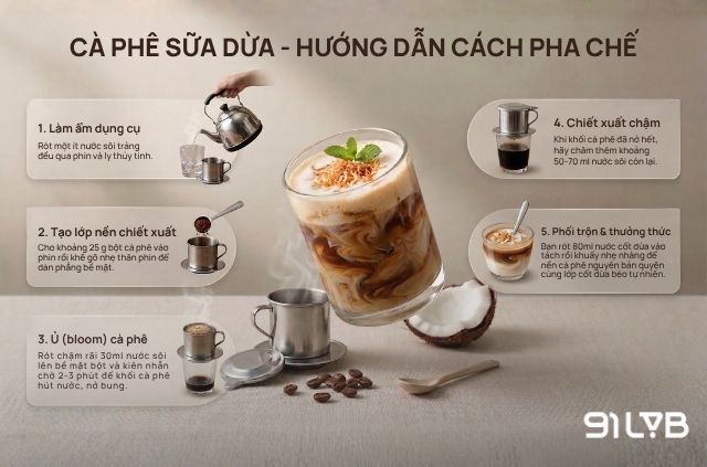 Minh hoạ các bước pha chế cà phê sữa dừa đơn giản ngay tại nhà