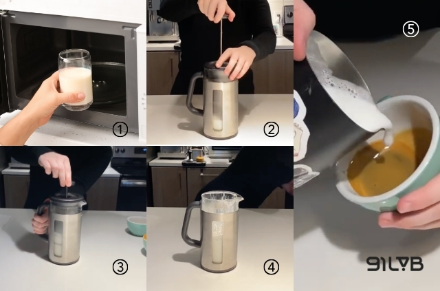 Minh hoạ các bước tạo bọt sữa (microfoam) bằng French Press