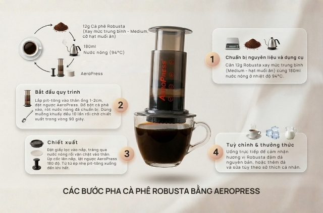 Hình minh hoạ cách pha cà phê Robusta hiện đại bằng AeroPress