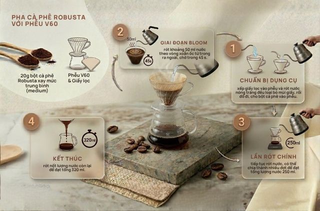 Hình minh hoạ cách pha cà phê Robusta bằng V60