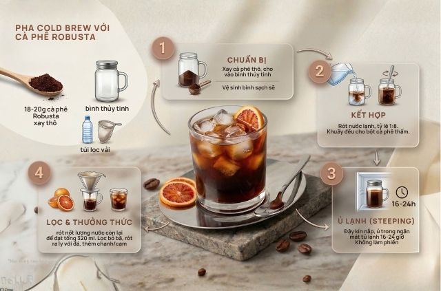 Hình minh hoạ cách pha Cold Brew với cà phê Robusta 