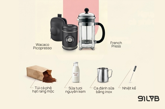 Nguyên liệu và dụng cụ làm cà phê Capuchino bằng tay