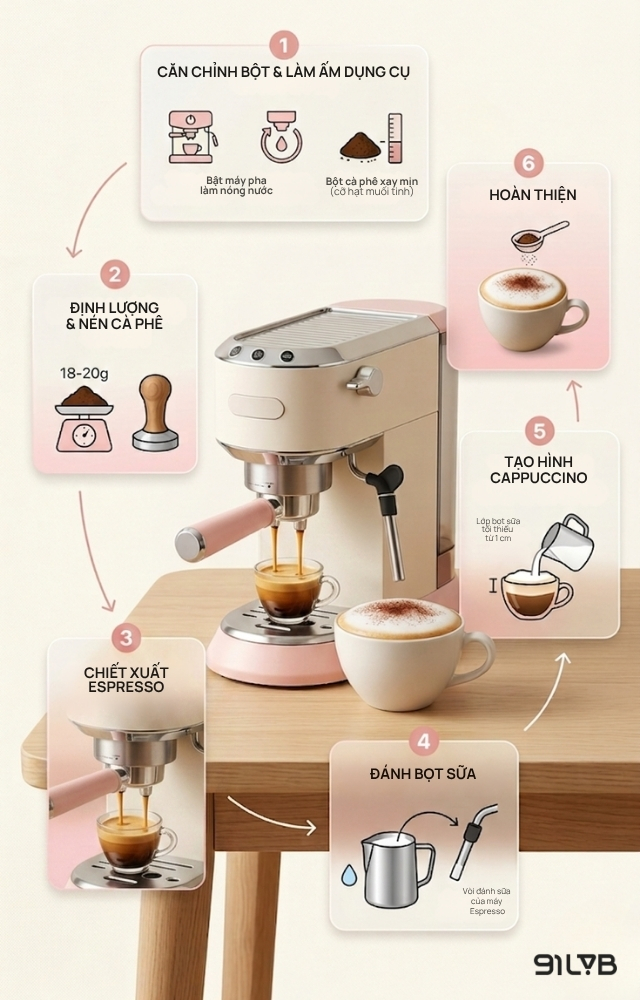 Minh hoạ các bước pha cà phê Cappuccino bằng máy