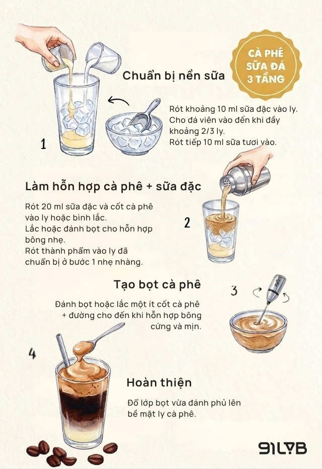 Cách làm cà phê sữa đá 3 tầng không dùng kem béo