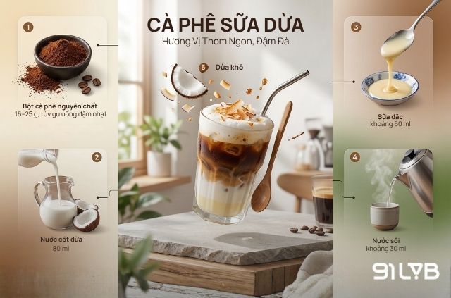 Hình minh hoạ nguyên liệu cần thiết để pha cà phê sữa dừa