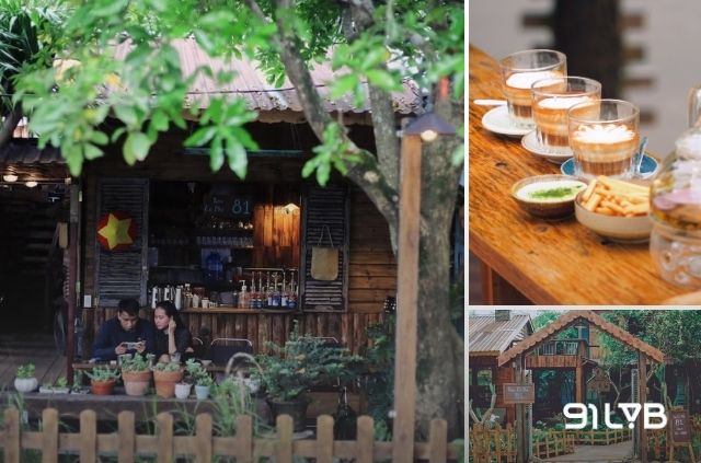 Kiến trúc quán Tiệm Cà Phê 81 kết hợp hài hòa giữa chất liệu mộc mạc như gỗ, đá với không gian thiên nhiên rợp bóng thông xanh.