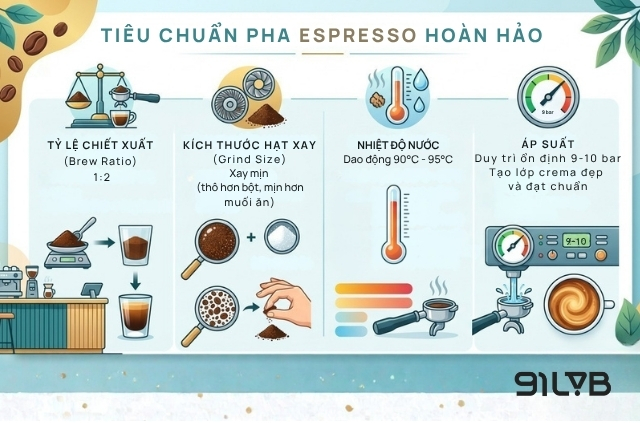 Các tiêu chuẩn kỹ thuật để pha được tách cà phê Espresso đạt chuẩn