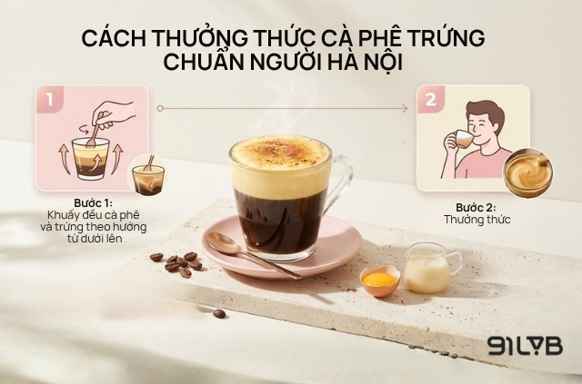 Minh hoạ cách thưởng thức cà phê trứng chuẩn người Hà Nội