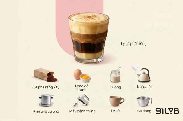 Nguyên liệu và dụng cụ cần chuẩn bị để pha cà phê trứng