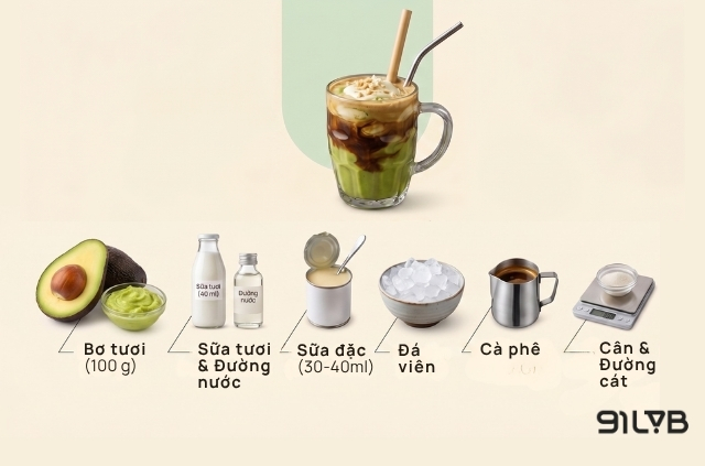 Nguyên liệu và dụng cụ làm cà phê bơ