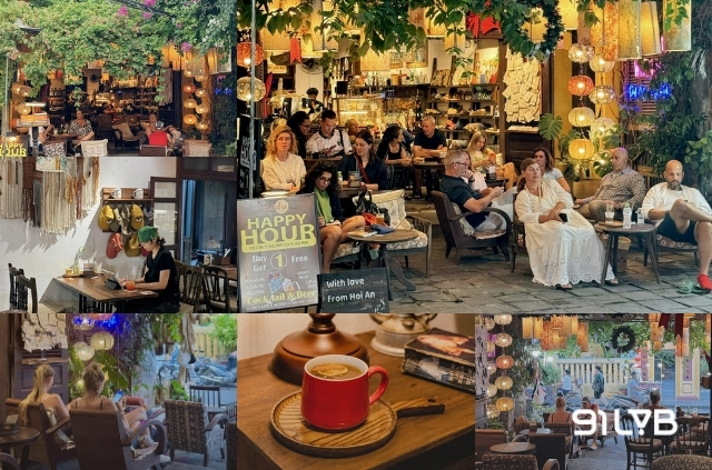 Dudu Cafe Hoi An vẫy chào thực khách bằng hiên nhà rợp bóng hoa giấy rực rỡ cùng nhiều mảng cây xanh tươi mát.